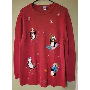 Holiday Editions Sweater Womens XL‎ Embroidered Penguin Ramie Red